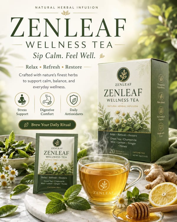 Create a premium wellness advertising poster for a tea brand. Design it as a polished commercia…