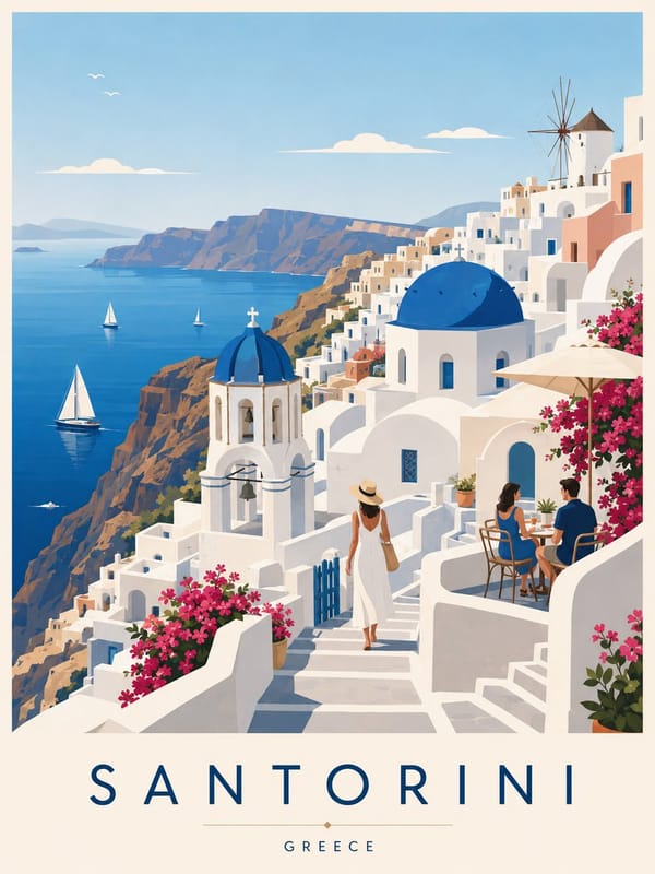 Create a premium editorial travel poster illustration of Santorini, Greece. Style: flat vector illu… prompt example
