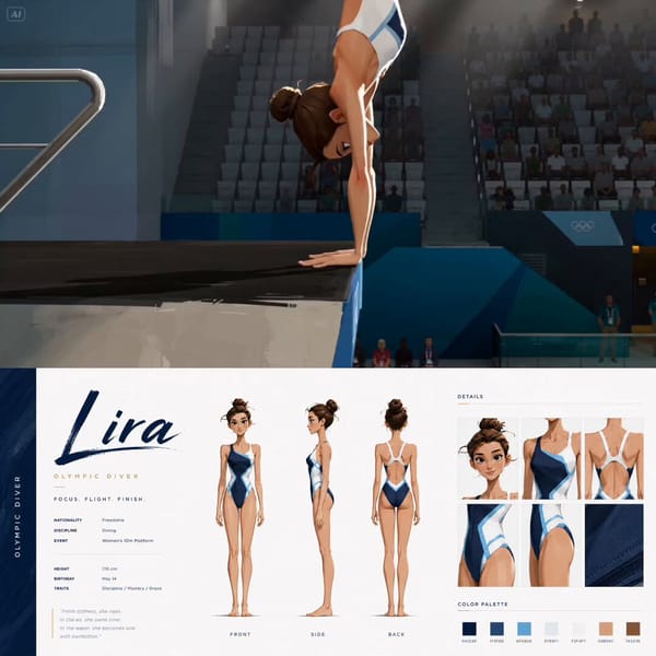 A professional character concept art sheet featuring Lira, an Olympic diver, displayed in a clean,… prompt example