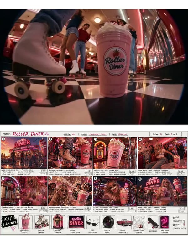 Create a hyper-realistic cinematic AI commercial video in horizontal 16:9 format. The video MUST fo… prompt example