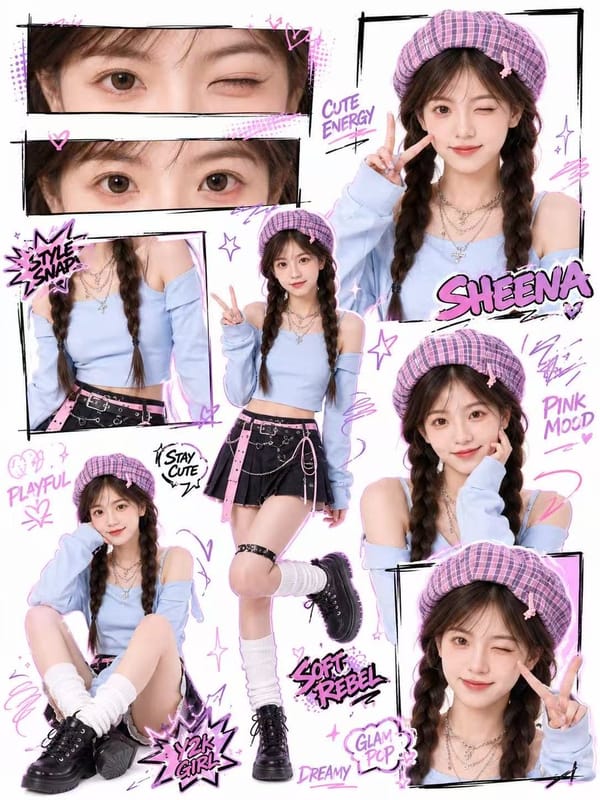 Create a high-quality Y2K kawaii street-style collage poster based on the uploaded portrait. prompt example