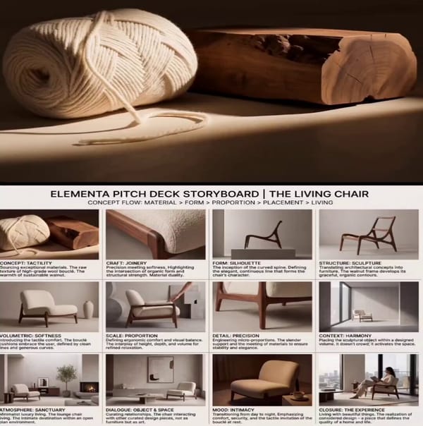Create a high-end 4:3 luxury furniture pitch deck storyboard in 3x4 grid (12 frames), editorial lay… prompt example