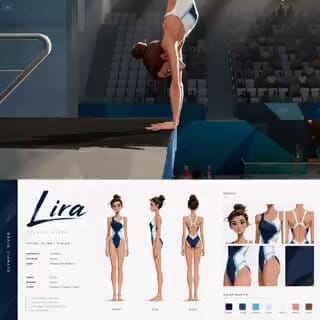 SUBJECTS: Female Olympic-level diver @ image 1. Slightly stylized cartoon proportions, clean athlet… prompt example