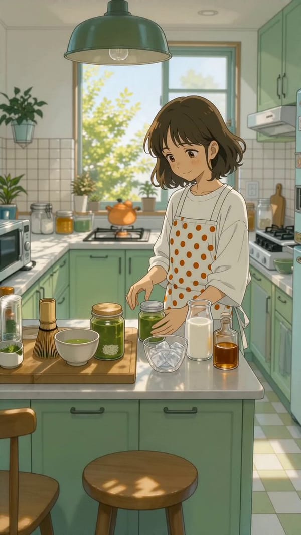 Japanese full-color anime style. A calm, cozy 15-second video of a young girl making an iced ma…
