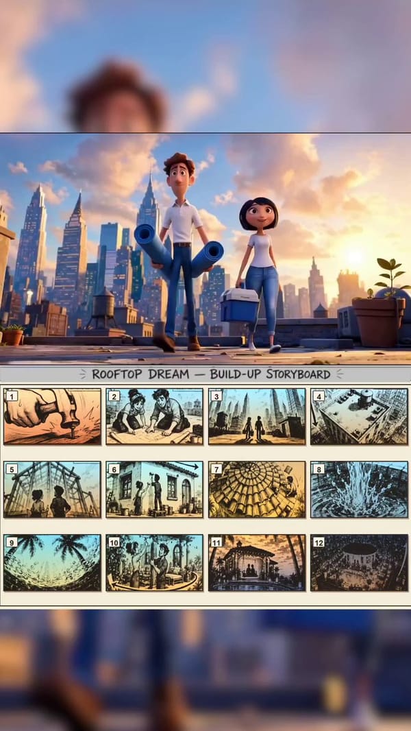 Create a 20-second premium family-friendly 3D animated cinematic ASMR rooftop transformation vi…