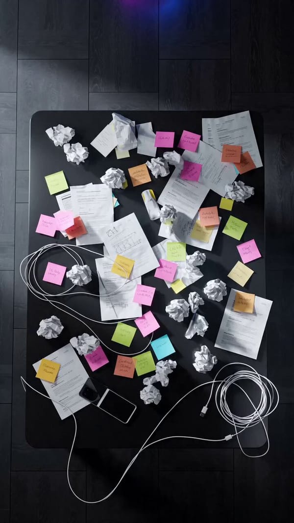 shot of a cluttered marketer, dark desk with heavy workload. A wave of prompt preview