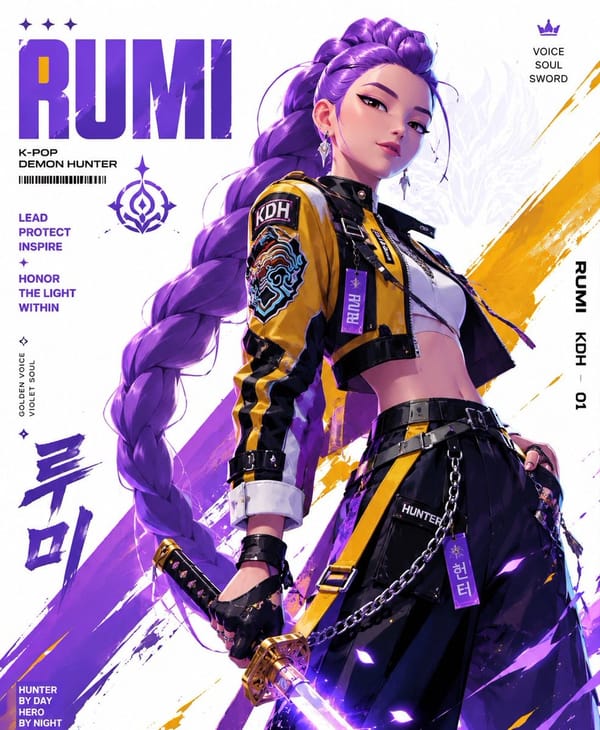 Create a stylized illustration of Rumi from the anime series Kpop demon hunter prompt example