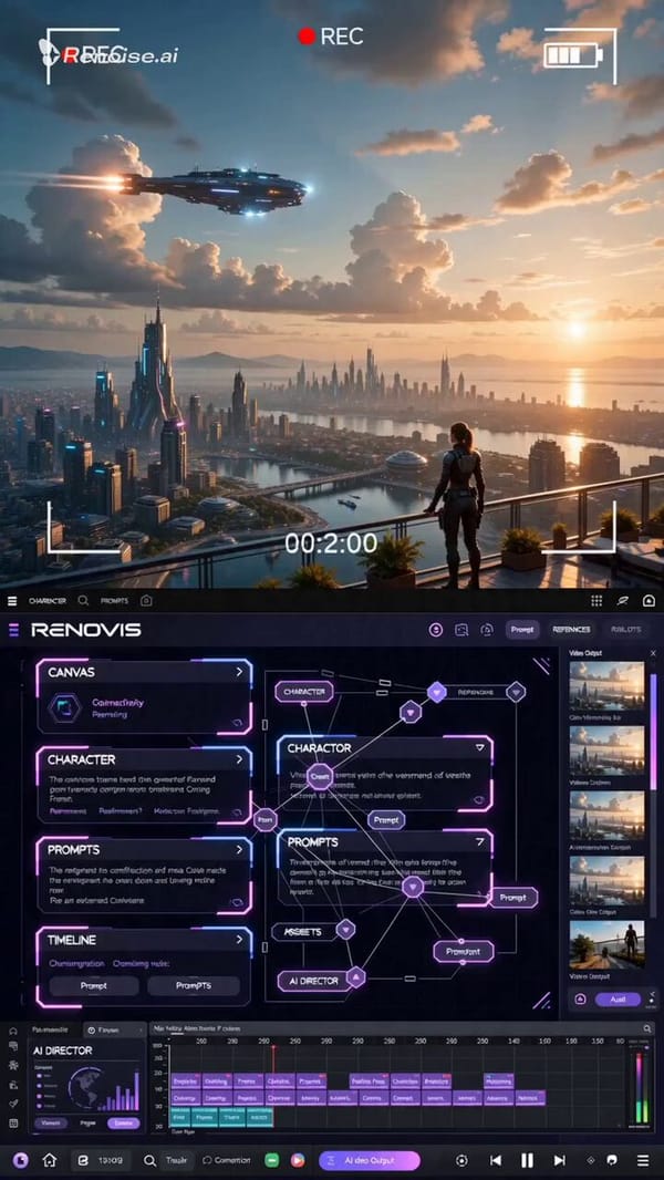 A futuristic AI filmmaking workspace advertisement for Renoise Canvas, split-screen cinematic compo… prompt example