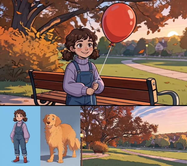 CLIP 1 -- THE LETTING GO (10s) @ Image1 is the autumn park at golden hour. @ Image2 is the curly-ha… prompt example