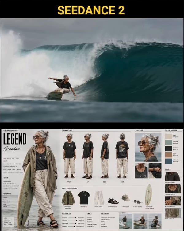 A legendary 70-year-old professional surfer grandma with messy silver-gray tied-up hair, deeply…