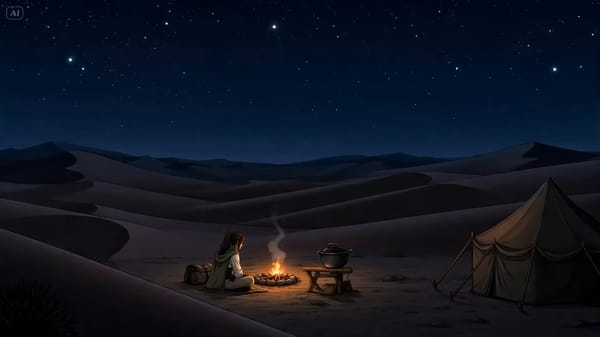 A wide 16:9 anime-style cinematic storyboard page for a quiet, atmospheric desert-camp cooking sequ… prompt example