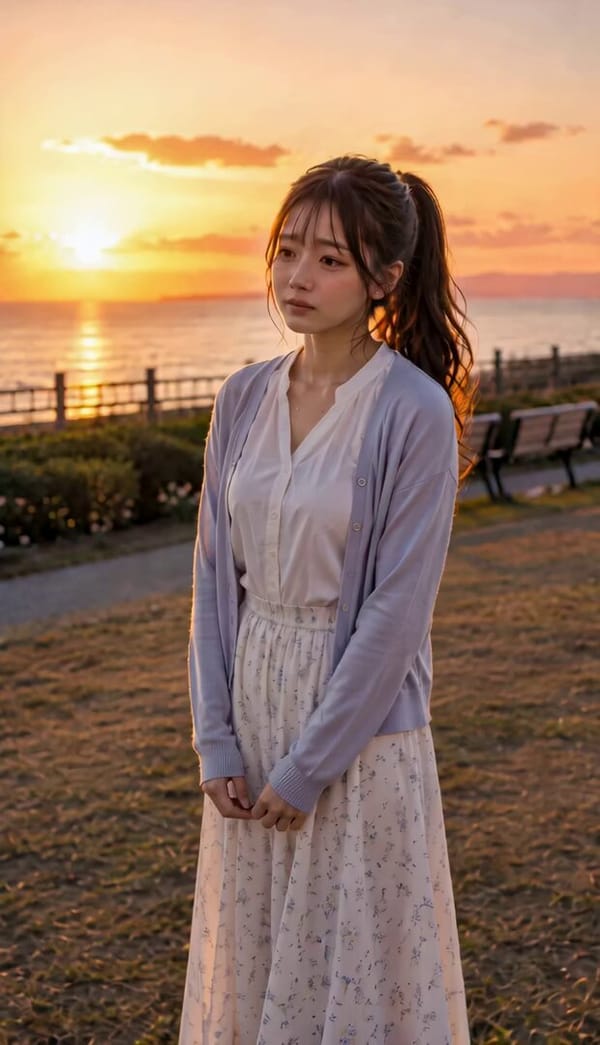 実写映画風、夕焼けの海辺の公園。オレンジ色の夕日が海面に反射している。周囲には誰もいない。リファレンス画像の女性のみを描写。春らしい爽やかな服装、海風で髪とスカートが少し揺れている。 女性は泣くのを… prompt example