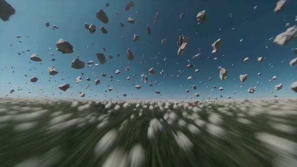 15-second cinematic action sequence set in a surreal antigravity flower meadow under a deep blu…