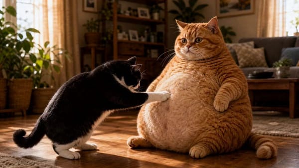 A tuxedo cat pulled a chubby tabby's belly all the way across the room. The tabby did not move. The… prompt example