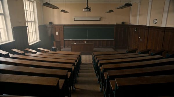 full frame cinematic, 1970s academic TV drama, old lecture hall, elderly professor teaching at a ch… prompt example