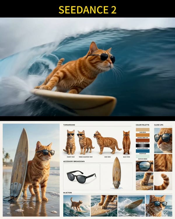 A legendary professional surfer orange tabby cat wearing glossy black vintage sunglasses. The c…