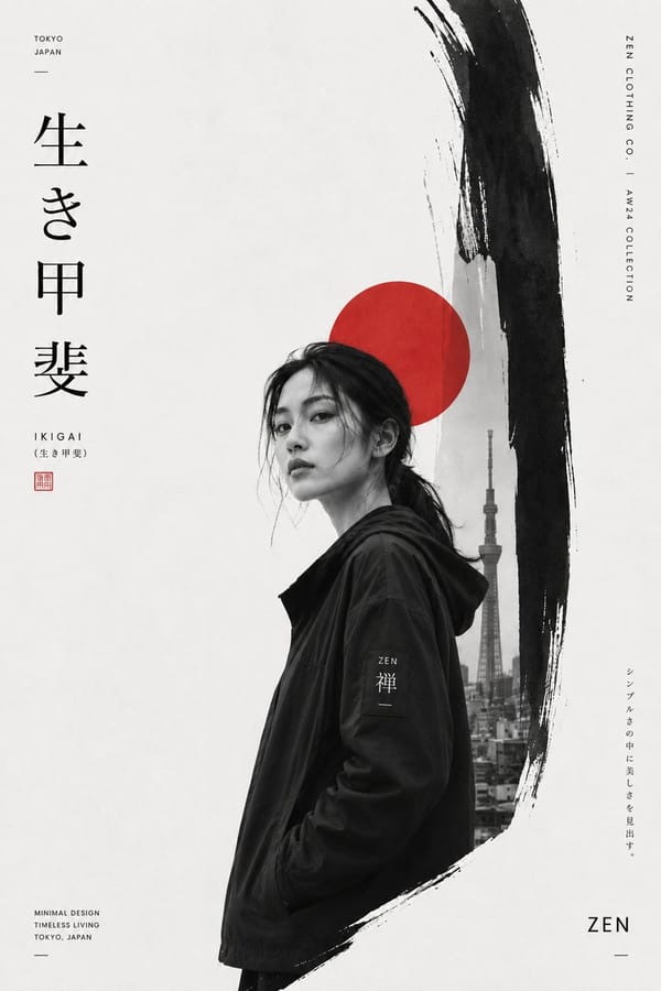 Create a premium Japanese-inspired minimalist fashion editorial poster featuring a stylish young wo… prompt example