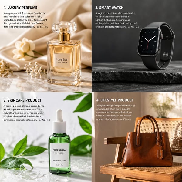generate High-quality Midjourney prompts for product photography. Every prompt is tested for consis… prompt example