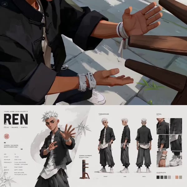 “SUBJECTS: Asian teenage boy, slim build, sharp eyes, calm and focused. ENVIRONMENT: Clean outd…