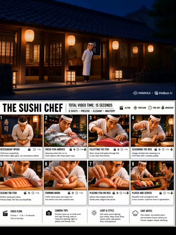 Use the attached THE SUSHI CHEF storyboard image as the exact reference. Create a 12-second 16:…