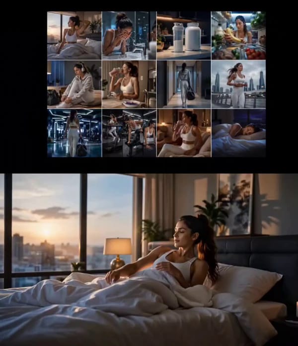 Cinematic fitness lifestyle commercial following an athletic woman through a complete wellness day… prompt example