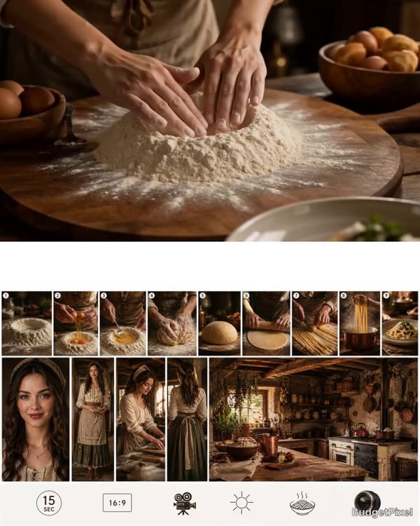 Create one single composite reference sheet for a 15-second realistic pasta-making tutorial video.… prompt example