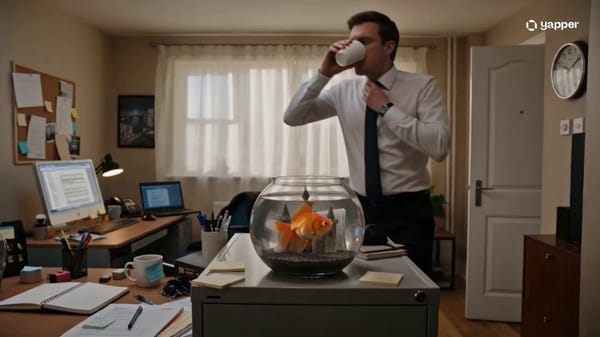 Whimsical cinematic realism inside a small cozy apartment in the early morning. Soft sunlight filte… prompt example