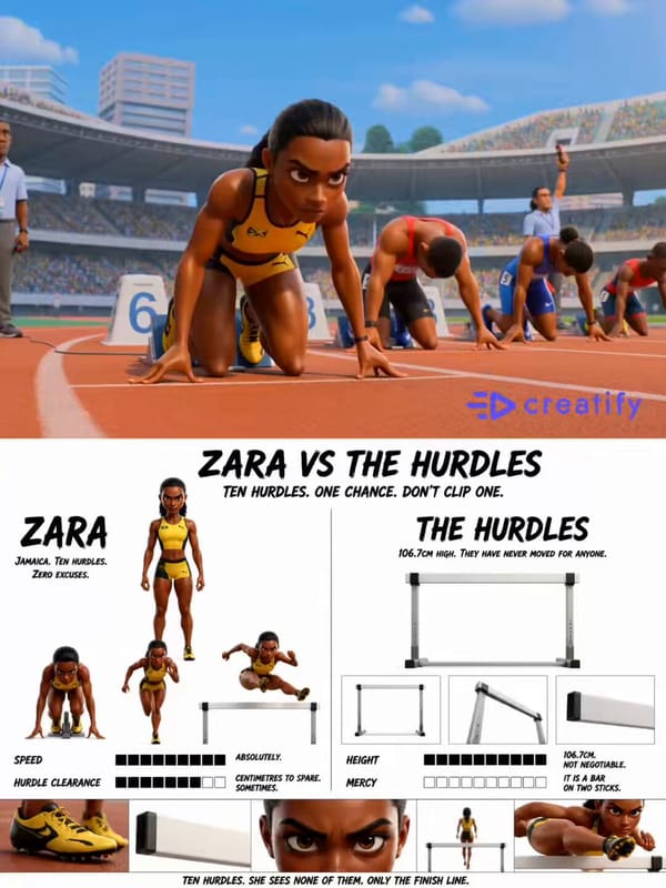 Use the attached ZARA VS THE HURDLES character sheet as visual reference throughout. Create a 15-se… prompt example
