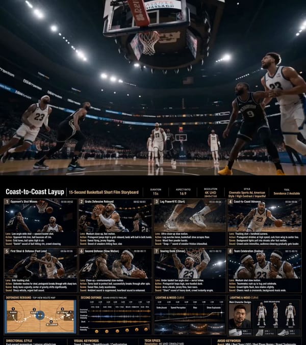 Create a cinematic basketball storyboard image in a fictional American-style indoor basketball…