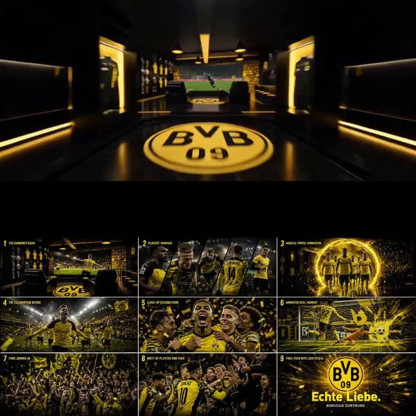 Create a 15-second ultra-cinematic football broadcast intro inspired by Borussia Dortmund’s leg…