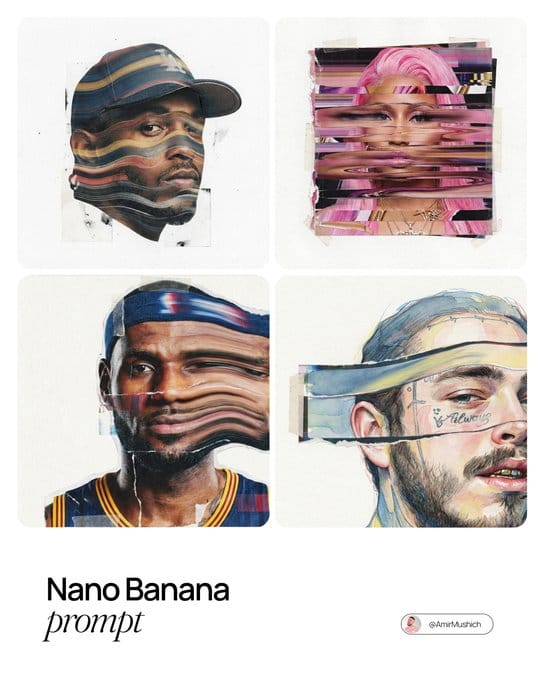 A surreal mixed-media portrait of [PERSON], set against a clean, plain white background with visibl… prompt example