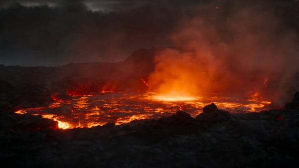 A hyper-realistic, high-octane cinematic video still captures a moment of monumental, volcanic…