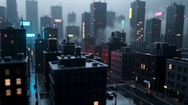 miniature rooftop city, thick fog, one red signal light, slow lateral camera drift, no text, no…