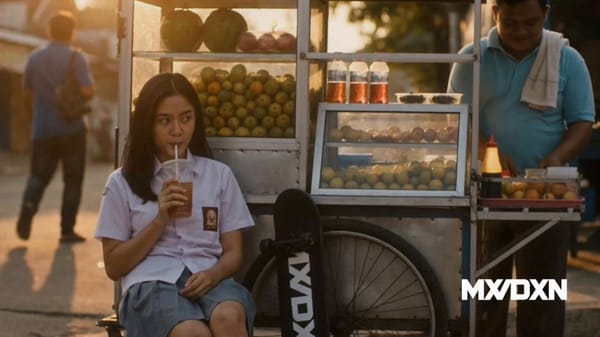 A high schoolgirl and a street food vendor talk about skateboard and life. Classic Jakarta style. prompt example