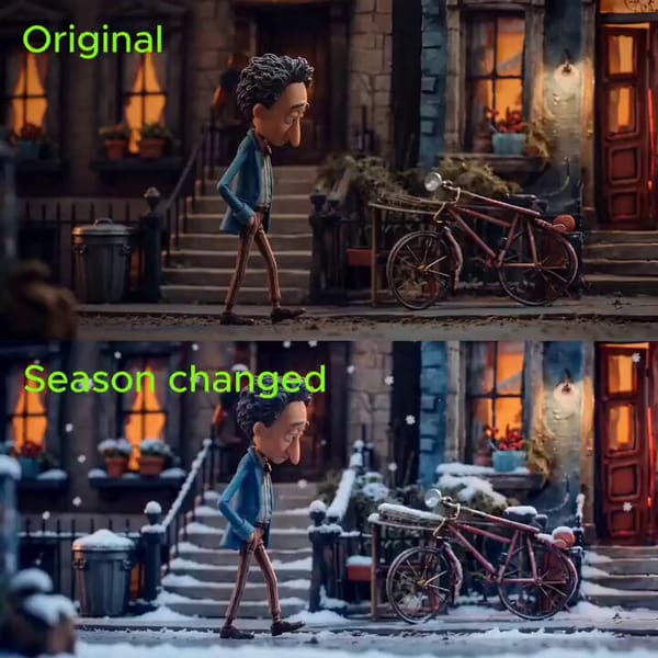 Change the season in the video to winter. Change the daytime in the video to early morning. Change… prompt example