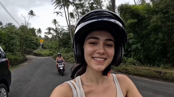 Generate image of young female tropical travel vlogger exploring Bali across 13 candid moments,…