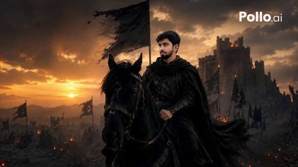A lone dark warrior riding a black horse slowly through a burning medieval battlefield at sunse…