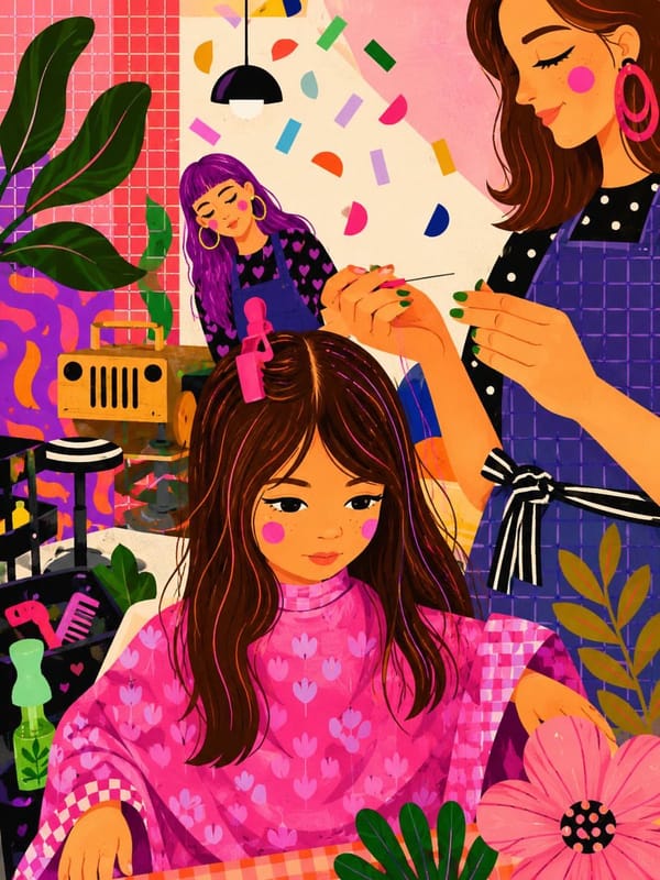 A vibrant whimsical digital illustration of a cozy indie hair salon, featuring a young girl with lo… prompt example
