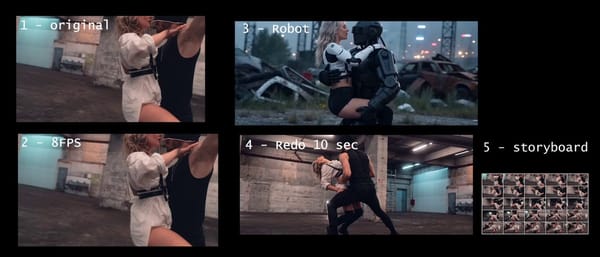 two humanoid robots in a junkyard doing the exact dance movement. prompt example
