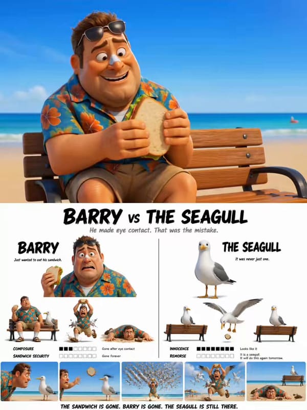Use the attached BARRY VS THE SEAGULL character sheet as the exact visual reference for Barry and t… prompt example