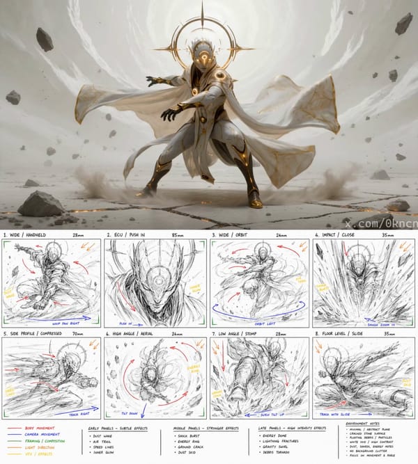 Create a 16:9 character concept sheet for a celestial voyager in an epic cinematic sci-fi fantasy a… prompt example