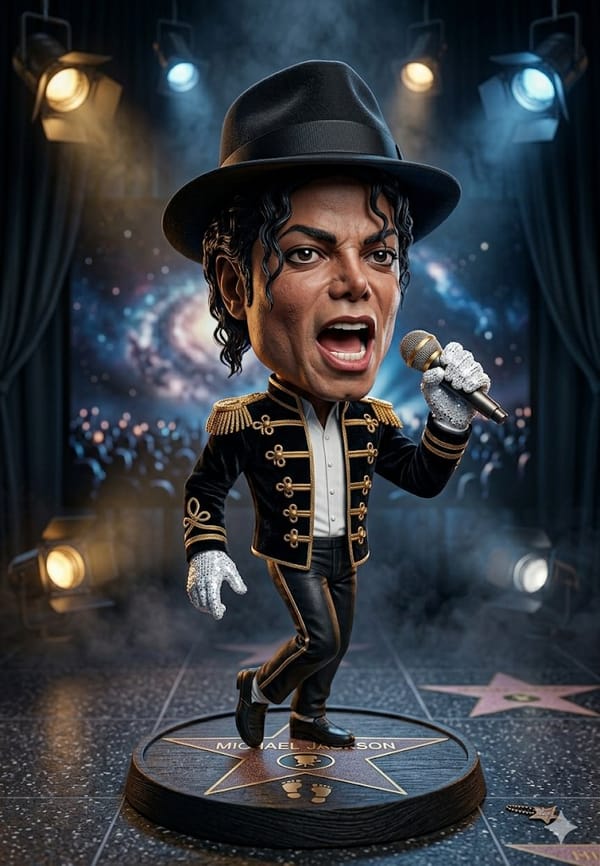 A hyper-detailed 3D caricature figurine of a legendary pop music icon, bobblehead chibi style.…