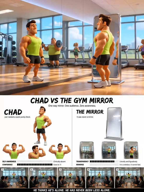 Use the attached CHAD VS THE GYM MIRROR character sheet as the exact visual reference throughout. E… prompt example