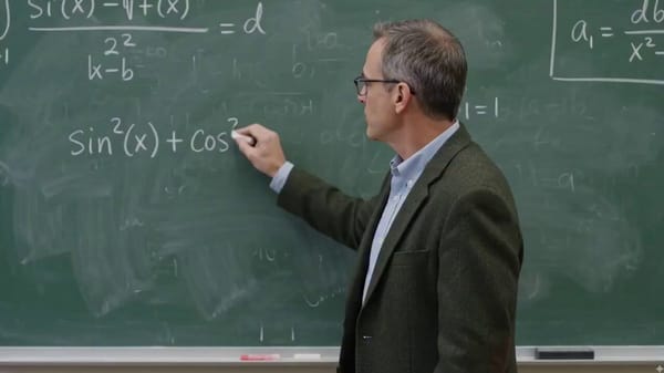 A professor writes out a mathematical proof for trigonometric identities on a traditional chalkboar… prompt example
