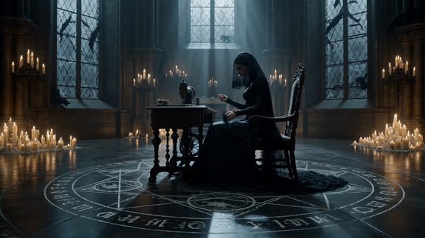 Ultra cinematic dark fantasy sequence inside a massive candlelit gothic chamber during a thunde…