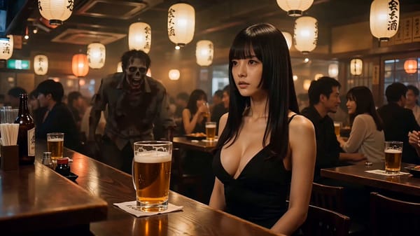A cinematic horror-comedy scene in a crowded Japanese izakaya at night, warm lantern light, shallow… prompt example
