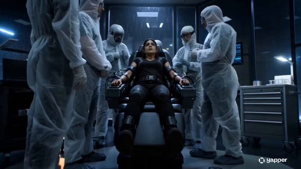 Inside a secret underground laboratory, a terrified 24-year-old woman is strapped to a futuristic m… prompt example