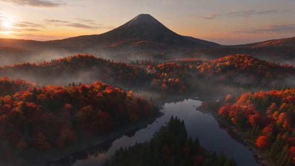 Ultra wide cinematic aerial shot during twilight over a serene Japanese mountain forest covered…