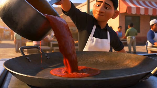 Pixar 3D animated style with photorealistic food close-ups. A focused street cook ladles deep r…