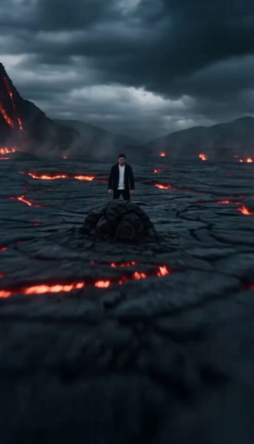 A cinematic, dramatic scene where a young man finds a cursed, organic-looking scythe embedded i…